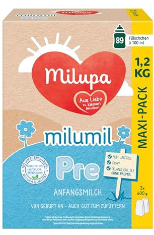 Milupa Milumil Pre – Anfangsmilch von Geburt an – Mit allen wichtigen Nährstoffen (laut Gesetz) – Ohne Palmöl – Im praktischen Maxi-Pack – 1,2 kg