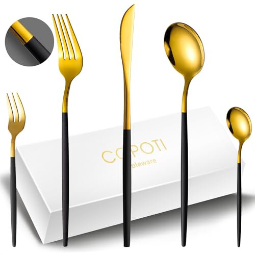 COPOTIO Besteck Sets 12 Personen, Edelstahl Besteckset 60 teiliges mit Messer Gabel Löffel, Schwarz Gold, Schlanker Griff