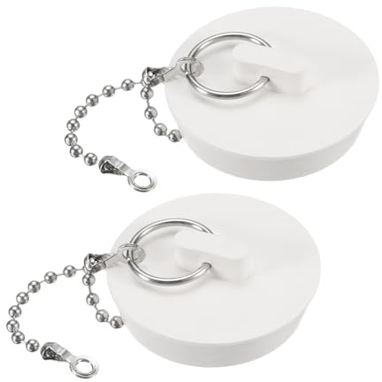 uxcell 2Pcs Rubber Drain Stopper with Chain and Hanging Ring, Bathtub Drain Plug Fits 1 3/4 Inch, Rubber Sink Stopper Drain Plug for Bathtub, Kitchen and Bathroom, White