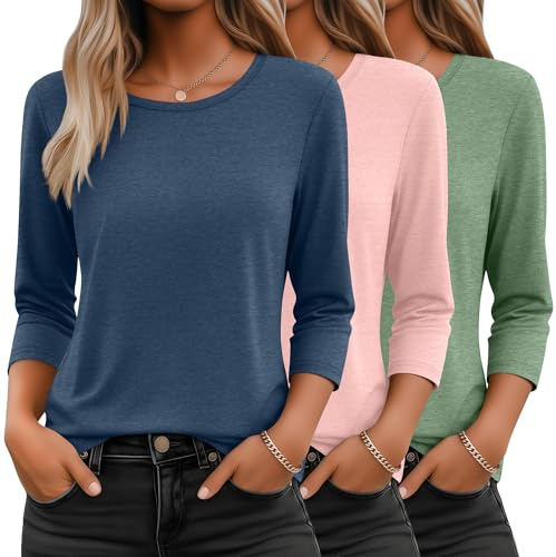 Ficerd 3 Camisetas Mujer Manga 3/4 Cuello Redondo | Camisetas Básicas Holgadas, Tops De Cuello Redondo, Ropa Transpirable, Prendas Largas, Outfit De Oficina, Moda De Otoño