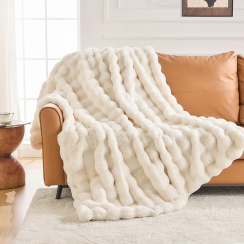 IKALIFE Manta Pelo Largo Suave - Manta Peluda Extra Gruesa Grande Mullida Sintetico para Cama Invierno Sofa, 150 x 200 cm Blanco