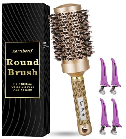Kertiberif Round Brush for Blow Drying, Boar Bristles Round Hair Brush for Blow Out, Styling, Curling, Adding Volume, with 4 Hair Clips (Gold, 83mm, Barrel 53mm)