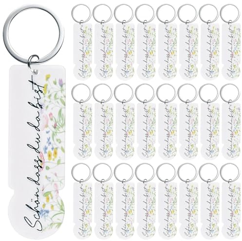 SRunDe 25 Stück Acryl Einkaufswagenchip Schlüsselanhänger Gastgeschenke Hochzeit Schlüsselanhänger Blume Schön das du da bist Einkaufswagenlöser Einkaufschip für Familie Beste Freunde Freundin