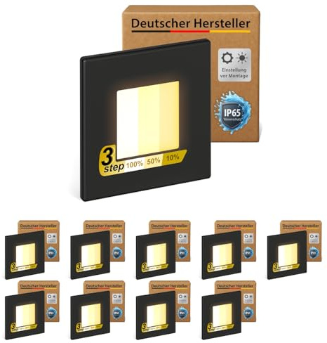 ledscom.de Lot de 10 luminaires LED pour escalier/encastrés muraux FEMA pour l'intérieur et l'extérieur, de forme carrée, noirs, 80 x 80 mm, blanc chaud
