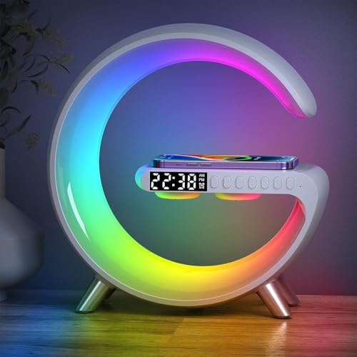SUNJULY Lampada da Tavolo a LED intelligente, per Atmosfera con Caricabatterie Senza Fili Altoparlante Bluetooth Luce Notturna Dimmerabile con Sincronizzazione Musicale (Bianco)