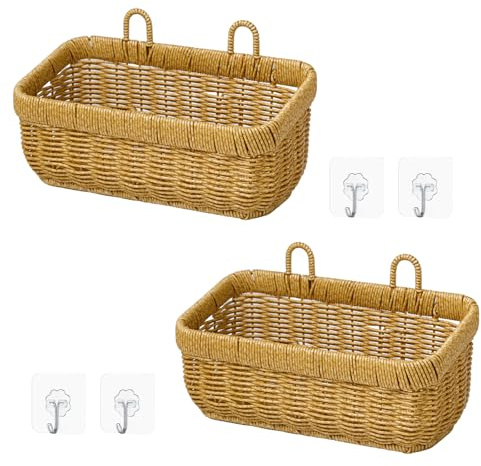 Keboyoe 2 Pezzi Cestino da Parete in Vimini Appeso Cestino da Appendere in Rattan Vintage per Bagno, Cucina, da Appendere Alla Parete, Cesti Portaoggetti da Appendere(28x16x13cm)