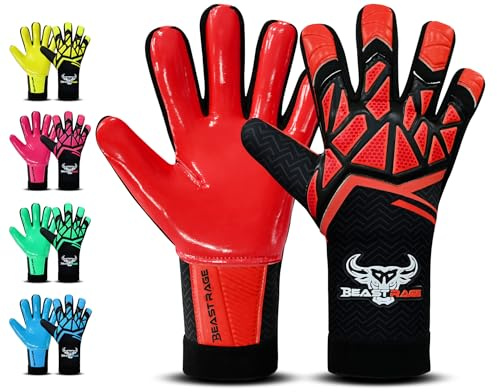 BEAST RAGE Guantes de portero para niños de 3 a 10 años, agarre estable con látex resistente, guantes de portero de fútbol para jóvenes y adultos para niños fútbol (rojo, talla 6, para 8 a 10 años)