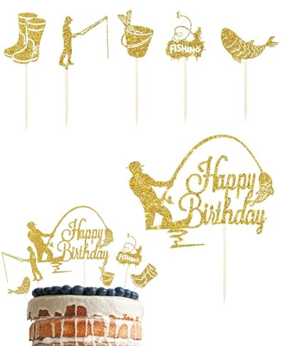 SOVYTH 6 Pezzi Decorazioni per Torta a Tema Pesca, Topper per Torta di Pescatore con Scritta Buon Compleanno e 5 Topper Tematici, Realizzati in Carta Ecologica per Feste di Compleanno, Cupcakes
