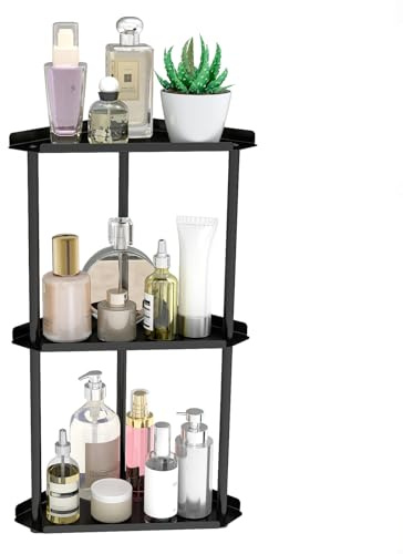STWWO 3 Etagen Eckregal Badezimmer Standregal, Edelstahl Eckregal Stehend Klein Küchenregal Arbeitsplatte Aufbewahrung Gewürzregal Schminkorganizer Schwarz, 27x15x50 cm