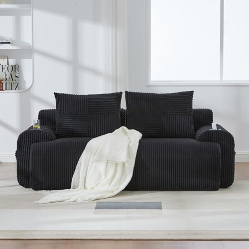 EURHCIO Canape 2 Places Salon,Petit Canapé avec 2 Coussins,Fauteuil 2 Places,avec Porte-gobelets et Poches latérales,Tissu Velours Côtelé,Combinable à Volonté (Noir-2)