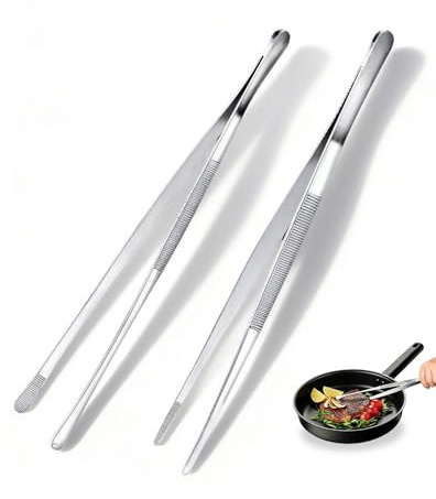 Set di 2 pinze da cucina in acciaio inox, lunghe 30 cm con punta tonda e appuntita, sicure per alimenti e durevoli per cucinare, grigliare, friggere, cuocere al forno e impiattare.