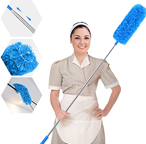 ENJSD Extandable Feather Duster,Microfiber Duster with 100Ines Stainless Steel Extra Long Telescopic Dusters with Soft Silicone Cap,Perfect for Cleaning Cobweb,Ceiling Fan,Cars etc.(Blue)