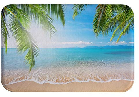 A.Monamour rutschfest Saugfähig Waschbar Badematte Tropischer Sandstrand Palme Kokosnussbaum Blauen Himmel Ozean Weich Flanell Badezimmerteppich Badteppich Badvorleger Badewanne Dusche Duschvorleger
