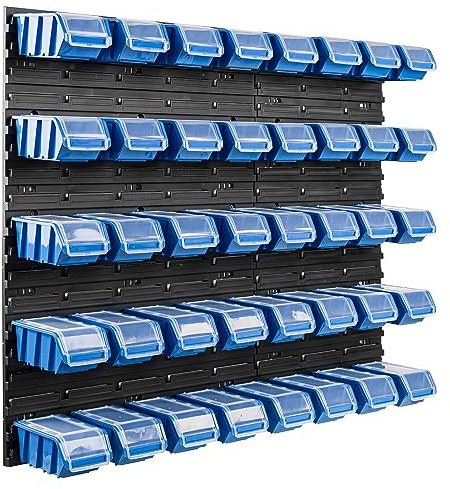 Lot de 40 boîtes de rangement empilables en plastique bleu avec couvercle et panneau murale 96,5 x 78 cm, bacs a bec a accrocher pour clous vis, garage, atelier