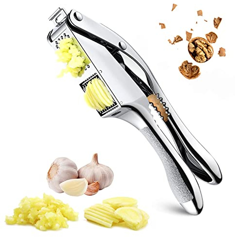 2-in-1 Garlic Cutter Stainless Steel Garlic Press with Ergonomic Non-Slip Handle for Fresh Garlic Ginger Nut Easy to Use & Clean