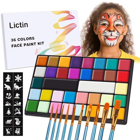 Lictin Pinturas Cara y Corporales-36 Colores+10 Cepillos+5 plantillas, Pintura Facial Corporales Seguro y Saludable Pintura Facial Lavable para Arte Fiesta de Halloween,Cumpleaños,Navidad,Gran regalo