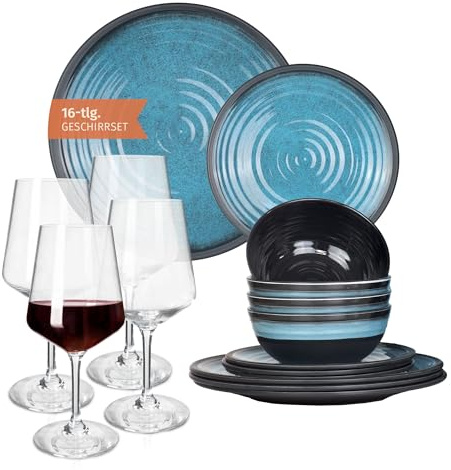 Set di stoviglie da campeggio in melamina, per 4 persone, colore: blu pietra + 4 bicchieri da vino rosso Milano
