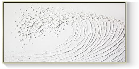 White Hand Painted Oil Painting Wall Art - Large Framed Ocean Waves 3D Textured Home Decor 48x24 Horizontal Canvas Minimalist Artwork Decoration for Living Room Bedroom
