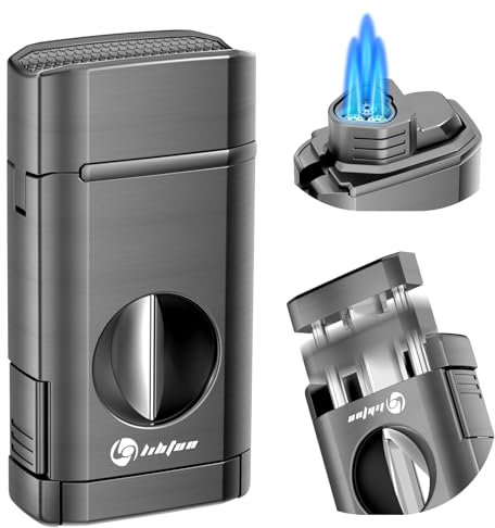 LIHTUN Zigarrenfeuerzeug, Multifunktionales Zigarrenfackelfeuerzeug mit Integriertem Zigarrenhalter und One-Touch-Zigarrenschneider V-Schnitt, Dreifach-Jetflammen-Butanfeuerzeug Zigarrenzubehör (Grau)