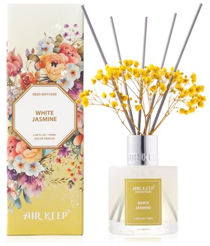 Airkeep Diffuseur de Parfum White Jasmine, Diffuseur Parfum Maison avec 8 Bâtonnets Diffuseur Parfum, Decoration pour Chambre, Salon, Salle de Bain, Bureau, 100ml