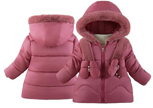 SEAUR Varm dunjacka med huva för flickor vinter quiltad kappa långa ytterkläder med dragkedja fleece med fickor för 1–5 år, Röd, 3-4 år