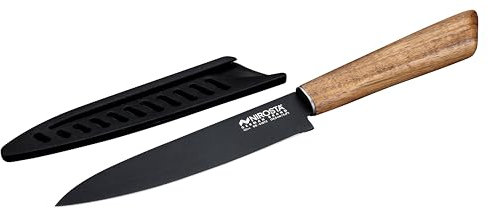 Nirosta Coltello da cucina multiuso in acciaio inox, lama con rivestimento antiaderente, manico in acacia 100%FSC, coltello con custodia protettiva, lavare a mano, dimensione 24 cm, Linea Flow