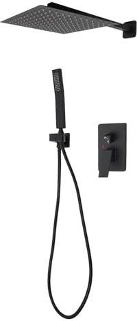 Juego de grifo de ducha empotrado, sistema de ducha con ducha de lluvia, 2 funciones, empotrable, latón y acero inoxidable, para baños, piscinas, hoteles, color negro