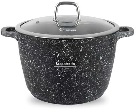 GOLDMANN 28 CM Aluguss Kochtopf 10L | Suppentopf Schmortopf induktionsgeeignet mit Keramik Antihaftbeschichtung & Glasdeckel, spülmaschinengeeignet