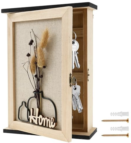 harupink Cassetta portachiavi in legno con 6 ganci, decorazione per chiavi con fiori secchi, supporto da parete, portachiavi per ingresso, corridoio, ufficio (B)