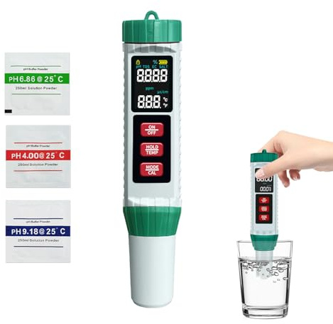 Vatten pH-mätare, 5 i 1 PH EC TDS salthalt temperatur, digital högprecisionspooltestare med LCD-display, pH-mätare för dricksvatten, pool, akvarier, hydroponik och vätsketest