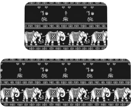 GVYGVY Alfombrillas de cocina antifatiga para suelo, 2 piezas, color negro y blanco, con estampado de elefante, antideslizantes, lavables, alfombra de pie para oficina, lavandería, hogar, baño
