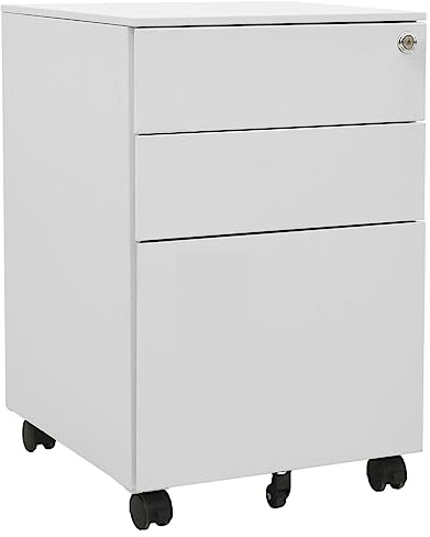 Plumbpyr Armario archivador con ruedas gris claro de acero 39 x 45 x 60 cm, 3 cajones con cerradura con archivador colgante, armario de oficina para oficina, oficina en casa, estudio, archivo y