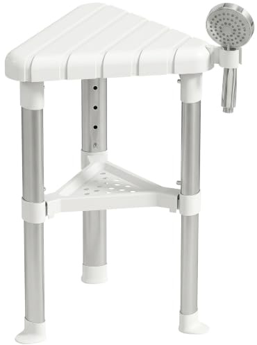 HOMCOM Aluminium Alloy Corner Shower Chair with Storage Shelf and HDPE Seat, Shower Stool, Adjustable Height, Anti-Slip Shower Seat, Tool-Free Assembly, 136 Kg, White