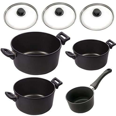 Eurolux Universal-Topfset Induktion Aluguss beschichtet 7-tlg. - Guss-Koch-Töpfe Set mit Deckel 20/24/28 cm (Edelstahlrand) & Soßentopf Ø 16 cm - Made in Germany