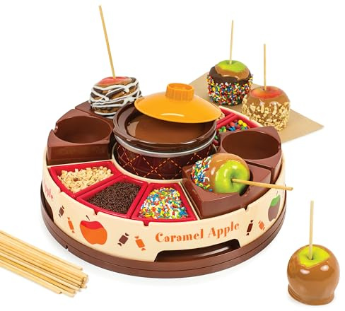 Nostalgia Chocolate & Caramel Fondue Pot, 25 Sticks, Fondue Machine with Decorating and Toppings Trays, Brown