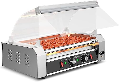 macchina per hot dog 7 Roller Grill Hot Dog Warmer Cooker Macchina In Acciaio Inossidabile Con Doppio Controllo Della Temperatura, Coperchio In Acrilico Rimovibile E LED, Rotazione Di 360 °, Capacità