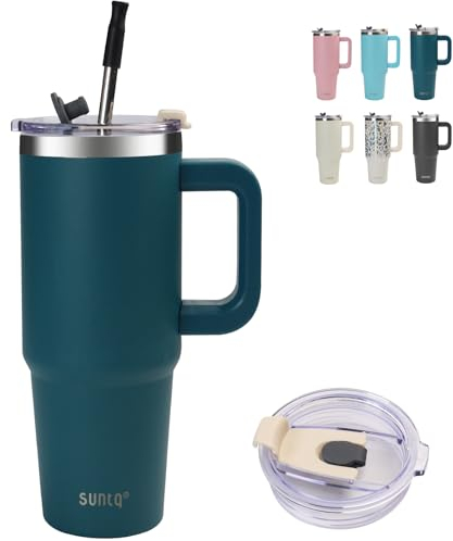 SUNTQ 1180ml/40oz Tumbler mit Griff, Doppelwandige Vakuum Isolierte Wasserflasche mit Stroh und Deckel, Edelstahl Reise Kaffeebecher, Thermische Tasse für Getränke, Fit in Becherhalter(Blau)
