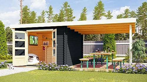 Chillroi® Karibu Gartenhaus San Antonio mit Anbaudach beidseitig anbringbar und Fußboden im Set Holzhaus Geräteschuppen Gartenlaube (Anthrazit)