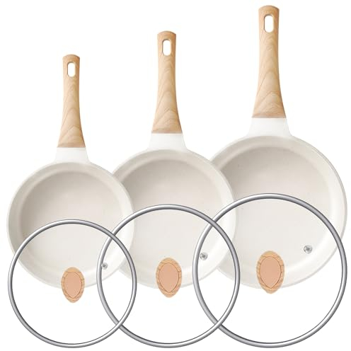 RIOVARM Antiadherente Juego de sartenes con tapas Inducción Juego de sartenes con mango resistente al calor Granito Sartén para tortillas sin PFOA Mármol Batería de cocina 20cm 24cm 28cm