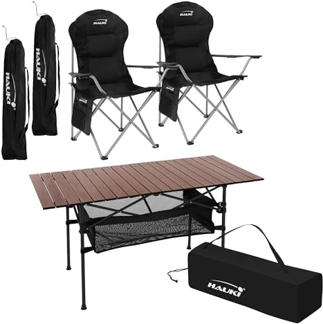 Hauki Set de Meubles de Camping, 3 Pièces, Table en Aluminium Marron, 2 Chaises de Pêche Pliantes Noires, Ensemble Pratique avec Sac de Transport, pour 2 Personnes, Mobilier d'Extérieur Jardin Voyage