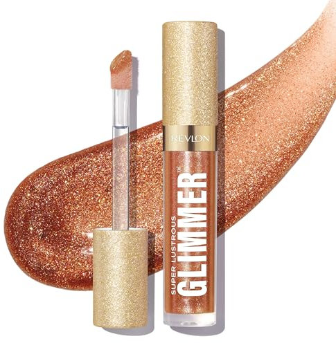 Revlon Super Lustrous Glimmer Gloss – Hydrating & Plumping Lip Gloss with Plant-Based Glitter, 3D Shimmer, 39% Hydration Boost & Oversized Applicator, Bronze Spark