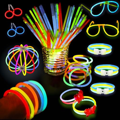 WAORZMK 100 Glow Sticks Party Pack with 114 Accessories - Ultra Bright Fluorescent Necklace, Bracelet, Glasses & Extras - Bulk Halloween Neon Favors for Kids Adults Events