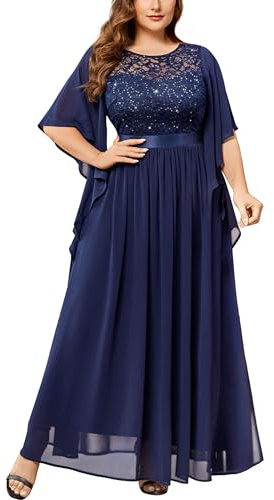 MISSMAY Women's Plus Size Elegant Butterfly Sleeve Chiffon Sequin Lace Bodice Evening Party Long Dress (3XL, Navy Blue)