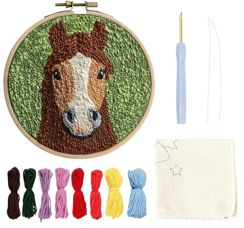 Punch nål broderiset för nybörjare, punch nål, broderi, startkit med garn, broderiram, trådverktyg och instruktioner, tecknad stansning stickset,