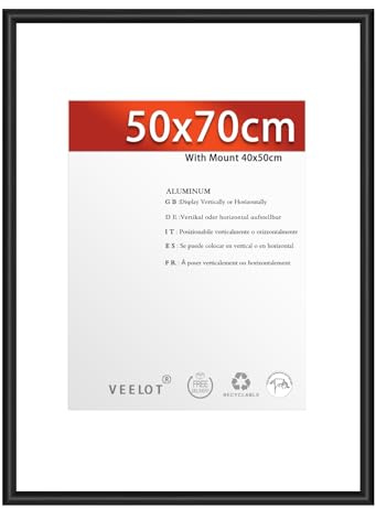 Veelot® 1x Cadre Photo 50x70cm Métal Aluminium Noir Mat,Passe-partout 40x50cm,Moyen Cadre Décoration Dessin Diplôme,Montage Mural Uniquement