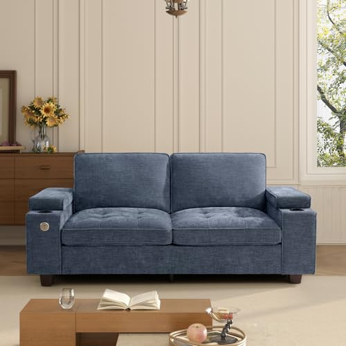 KIMOLST 74 Loveseat Couch for Living Room,Modern Chenille Upholstered Sofa with Adjustable Storage Armrest,Cup Holders,USB & Type-C Ports, Solid Wood 2-Seater Loveseat Sofa for Apartment(Blue)