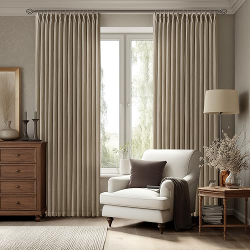 Brown Pinch Pleated Linen Curtains 96 Inches Long for Living Room Semi Sheer Light Filtering Custom Made Pinch Pleat Drape with Hooks Rings Back Tab Neutral Boho Country 96 Inch Bedroom Curtain