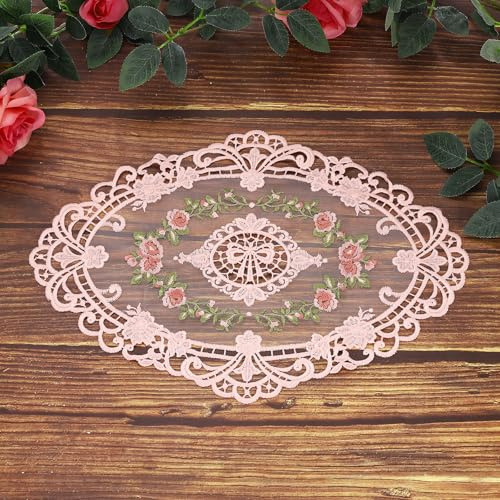 sourcing map 1 mantel individual de encaje, 15 x 5.9 pulgadas, tapete de mesa vintage bordado ovalado de ganchillo para decoración del hogar, color rosa
