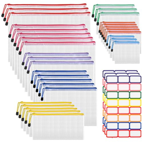 HOMIKLSA 32 bolsas transparentes con cremallera, bolsillos para documentos A4 + A5 + A6, bolsillos impermeables de malla para documentos, recibos, hojas de examen (colores, 8 tamaños)