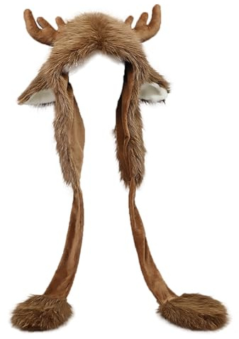 Moonlove Lovely Furry Reindeer Beanie Hat with Antlers Plush Faux Fur Hood Cute Animal Deer Moose Ear Winter Warm Cap with Earmuffs for Halloween Party Cosplay Costume Head Accessories